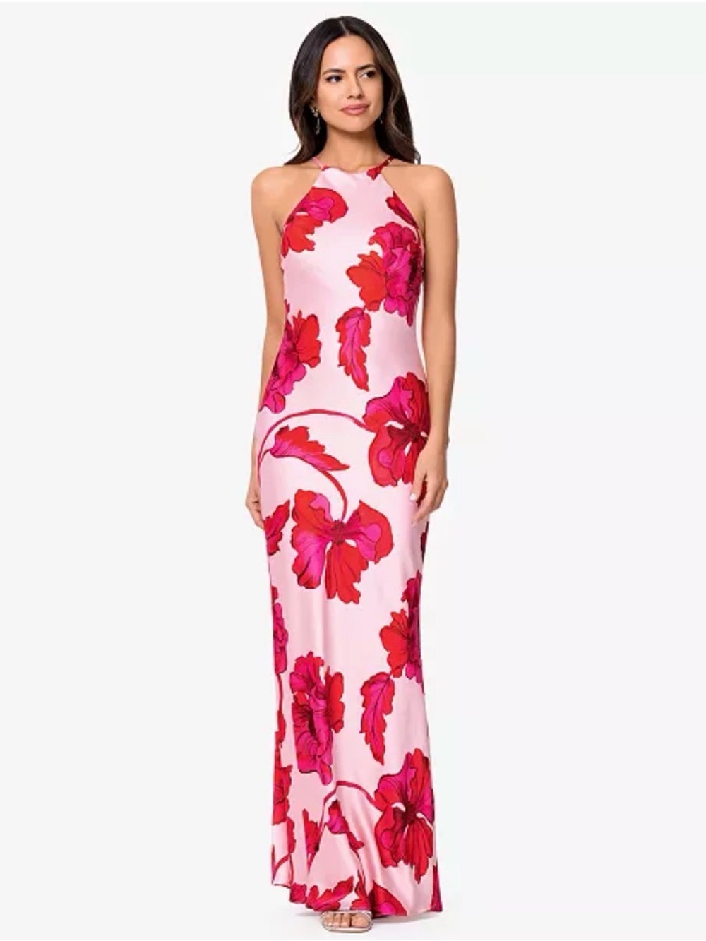 Xscape Women's Sleeveless Halter Neck Printed Long Dress